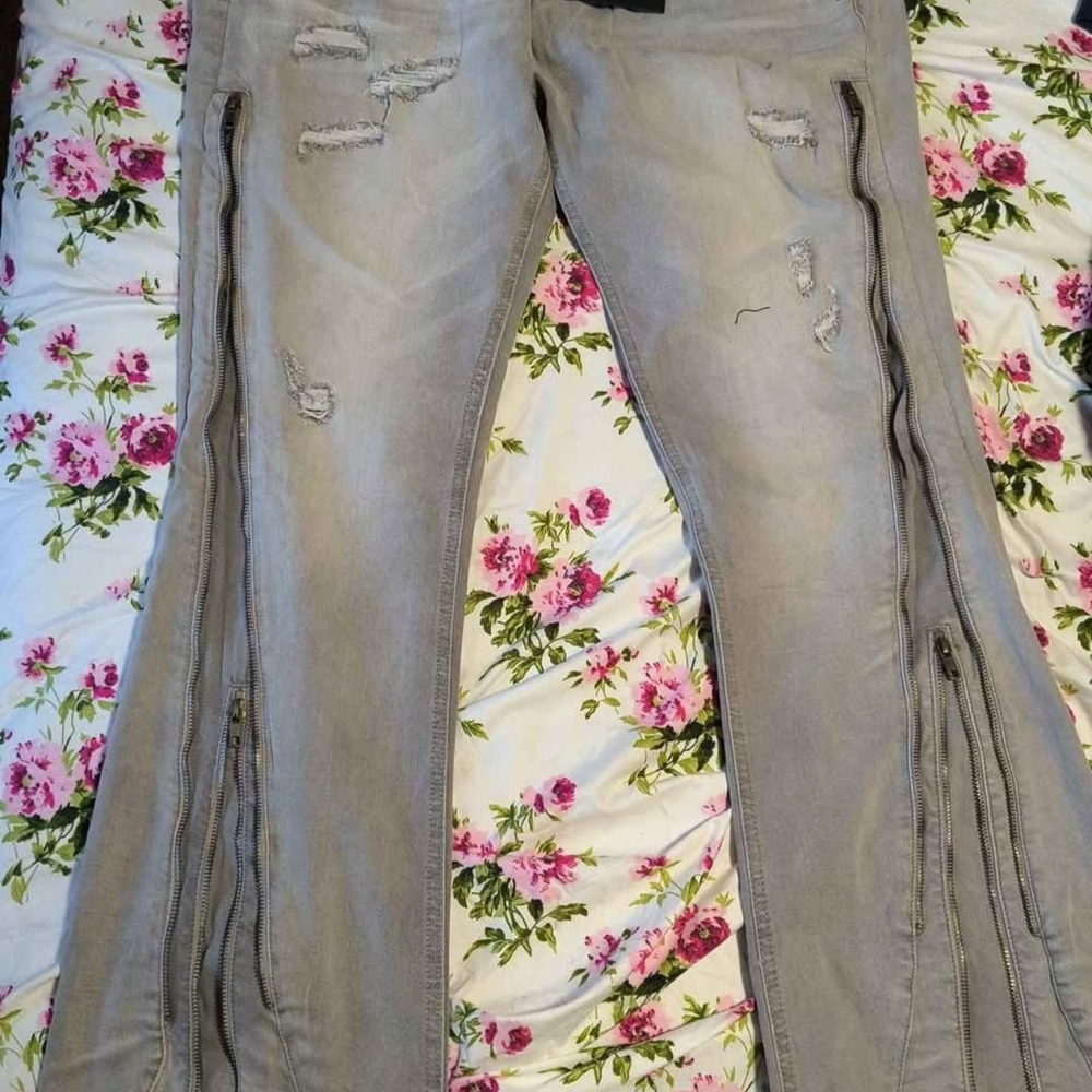 Kdnk Gray Distressed Flared Jeans with Side Zippers